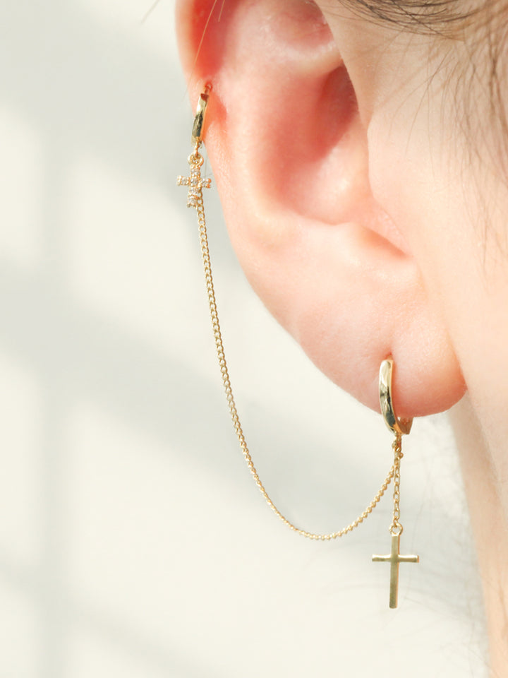 14K Gold Cross Hoop Earring