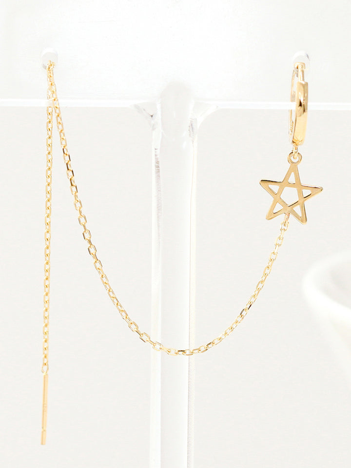 14K Gold Star Long Drop Hoop Earring