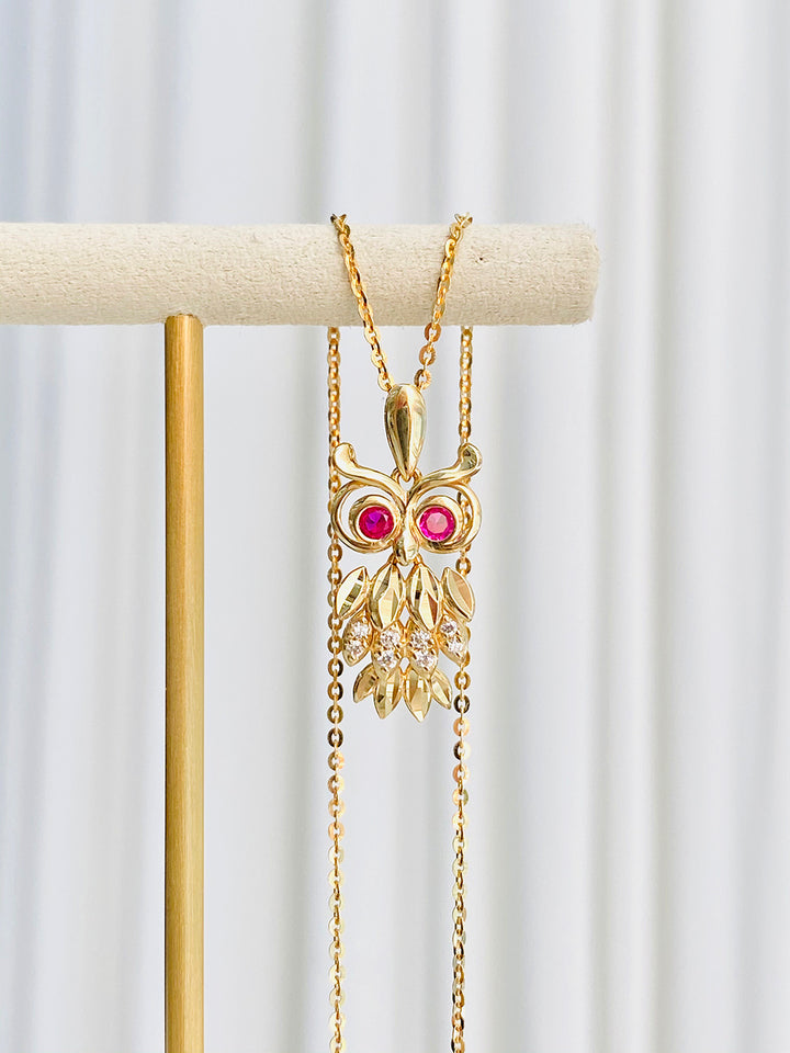 14K 18K Gold Owl Necklace Pendant