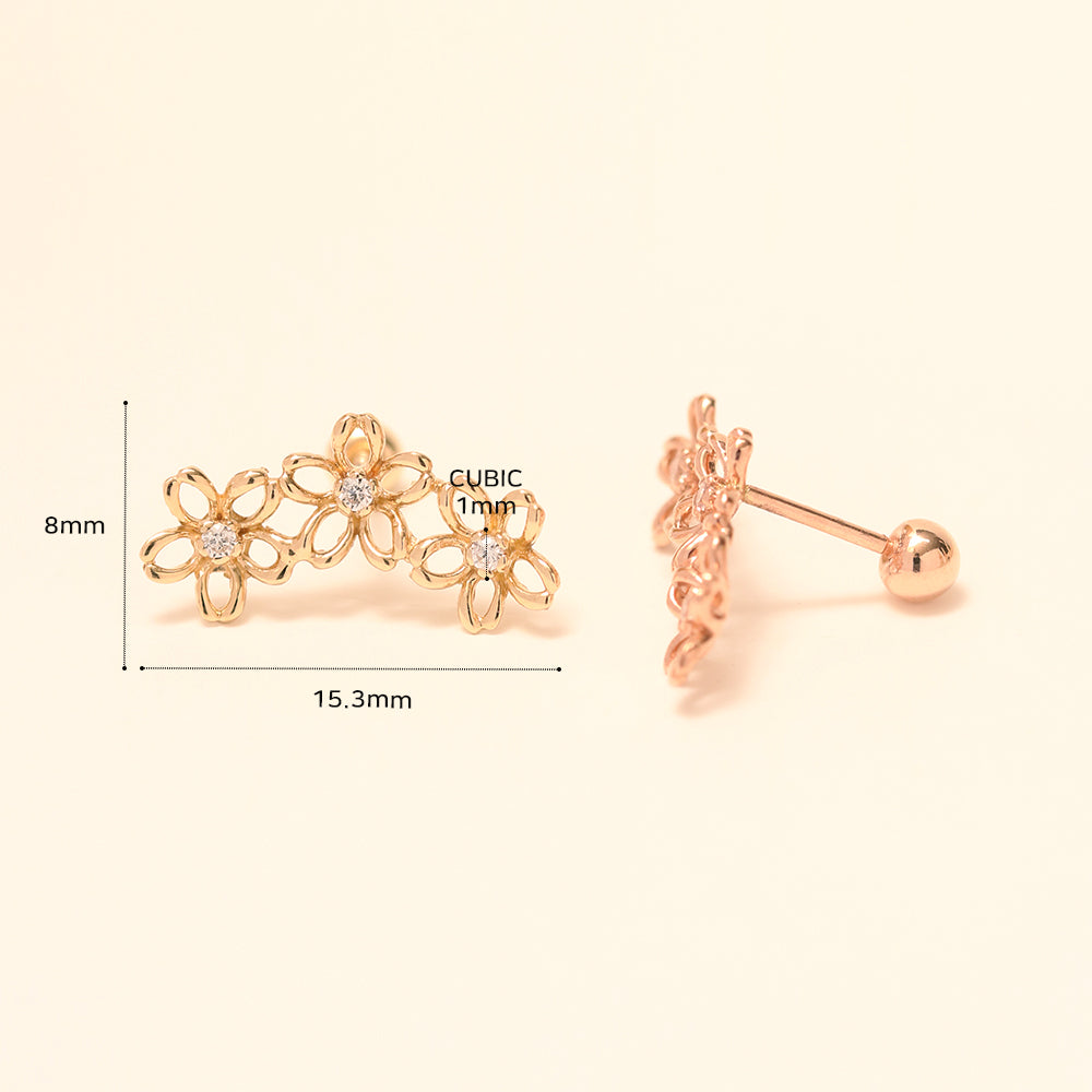 14K Gold Triple Petals Cartilage Earring 20G18G16G