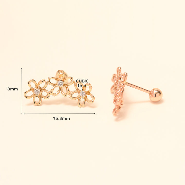 14K Gold Triple Petals Cartilage Earring 20G18G16G