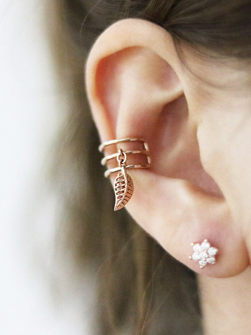 14K Gold bohemian dangle leaf ear cuff