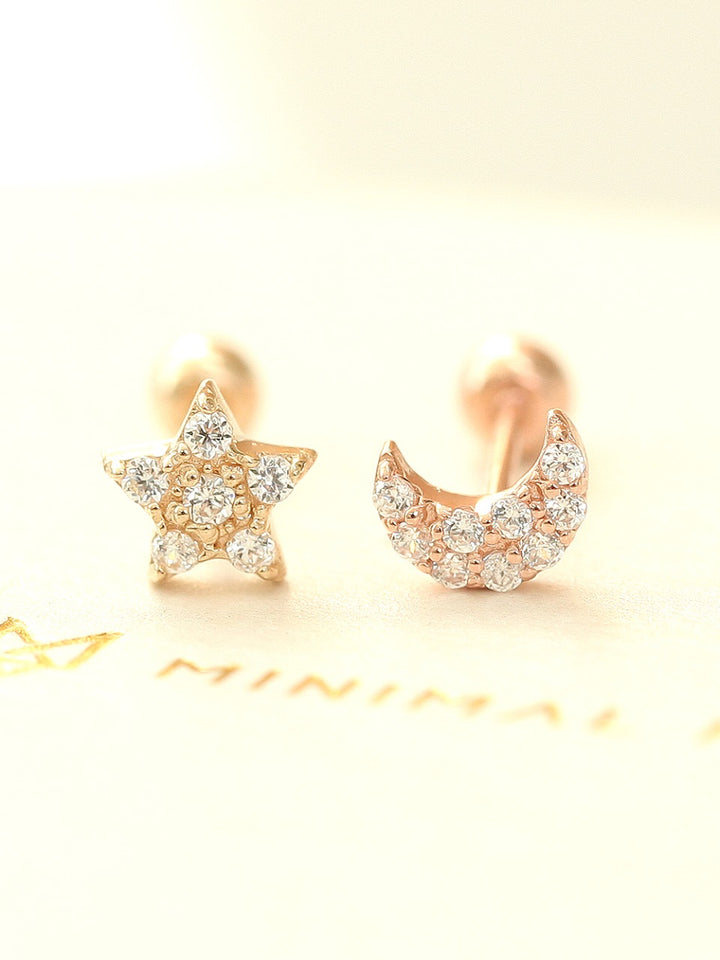 14K gold Mini Volume Cubic Moon & Star cartilage earring 20g