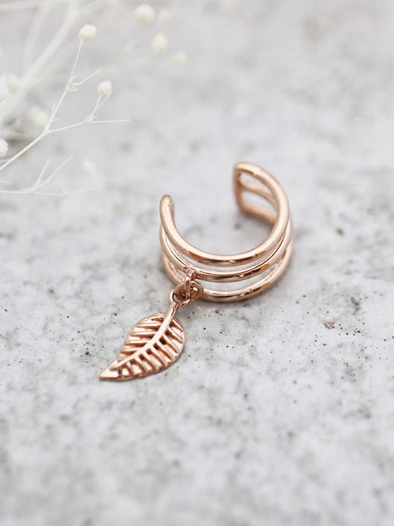 14K Gold bohemian dangle leaf ear cuff