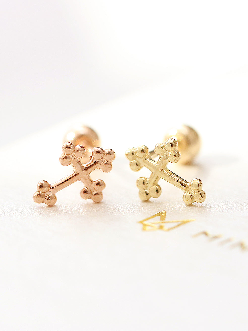 14K Gold Bubble Cross Cartilage Earring 20G