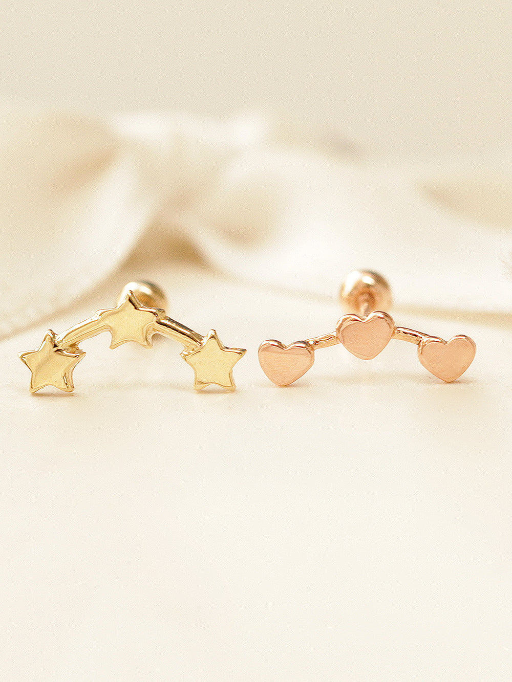 14K gold Triple Star & Heart cartilage earring 20g