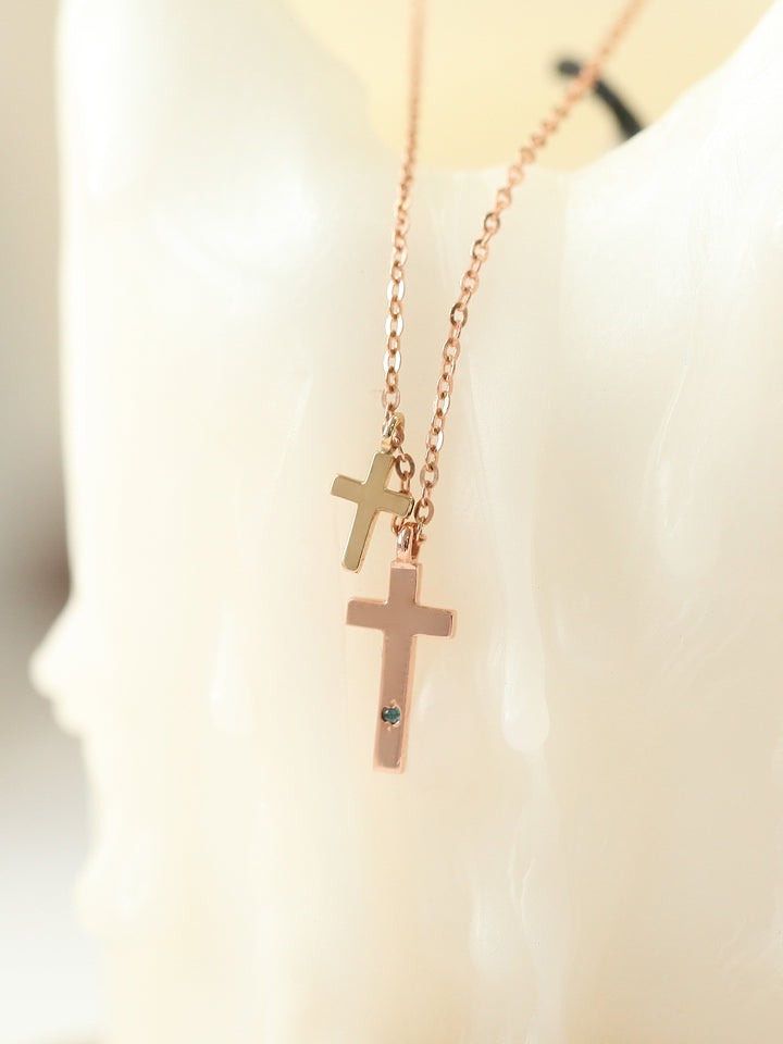 14K 18K Gold Double Cross Necklace