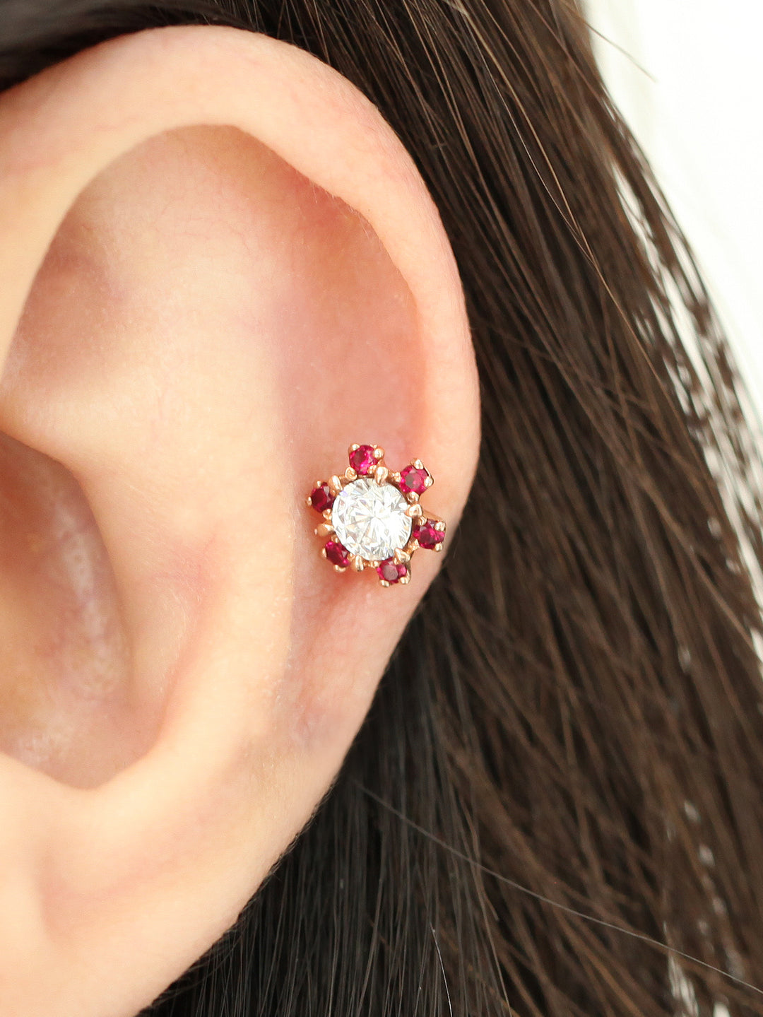 14K Gold Ruby Daisy Flower Cartilage Earring 18G16G