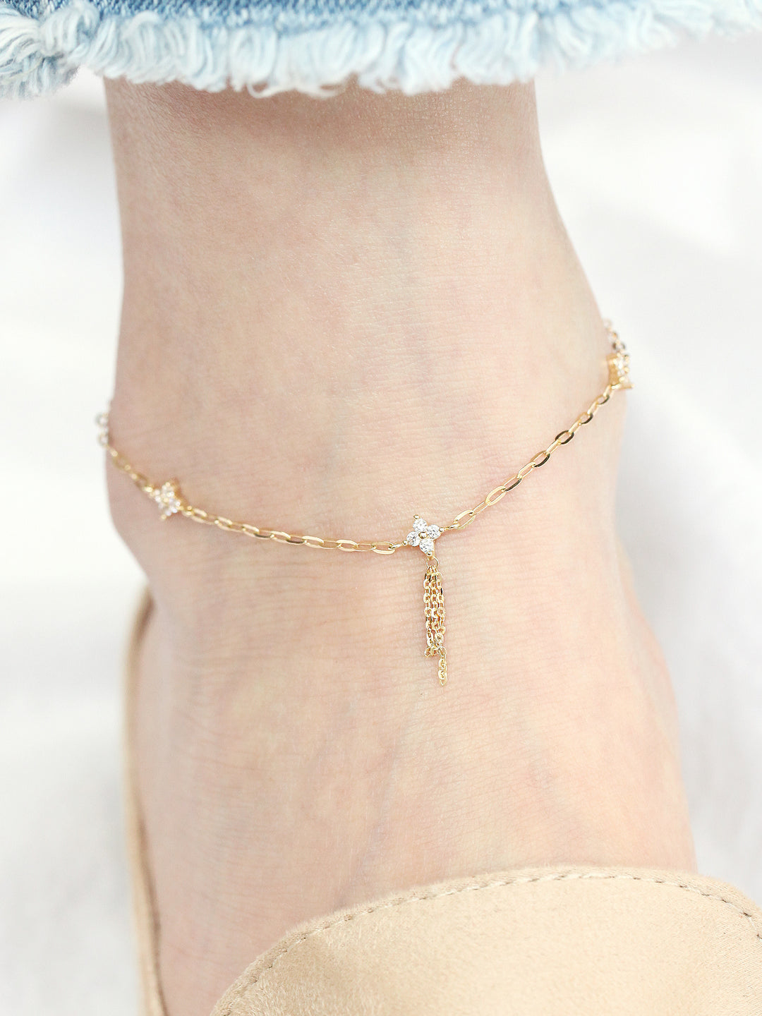 14K Gold Cubic Flower Chain Anklet