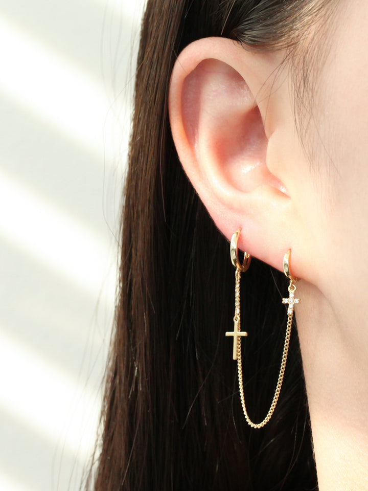 14K Gold Cross Hoop Earring