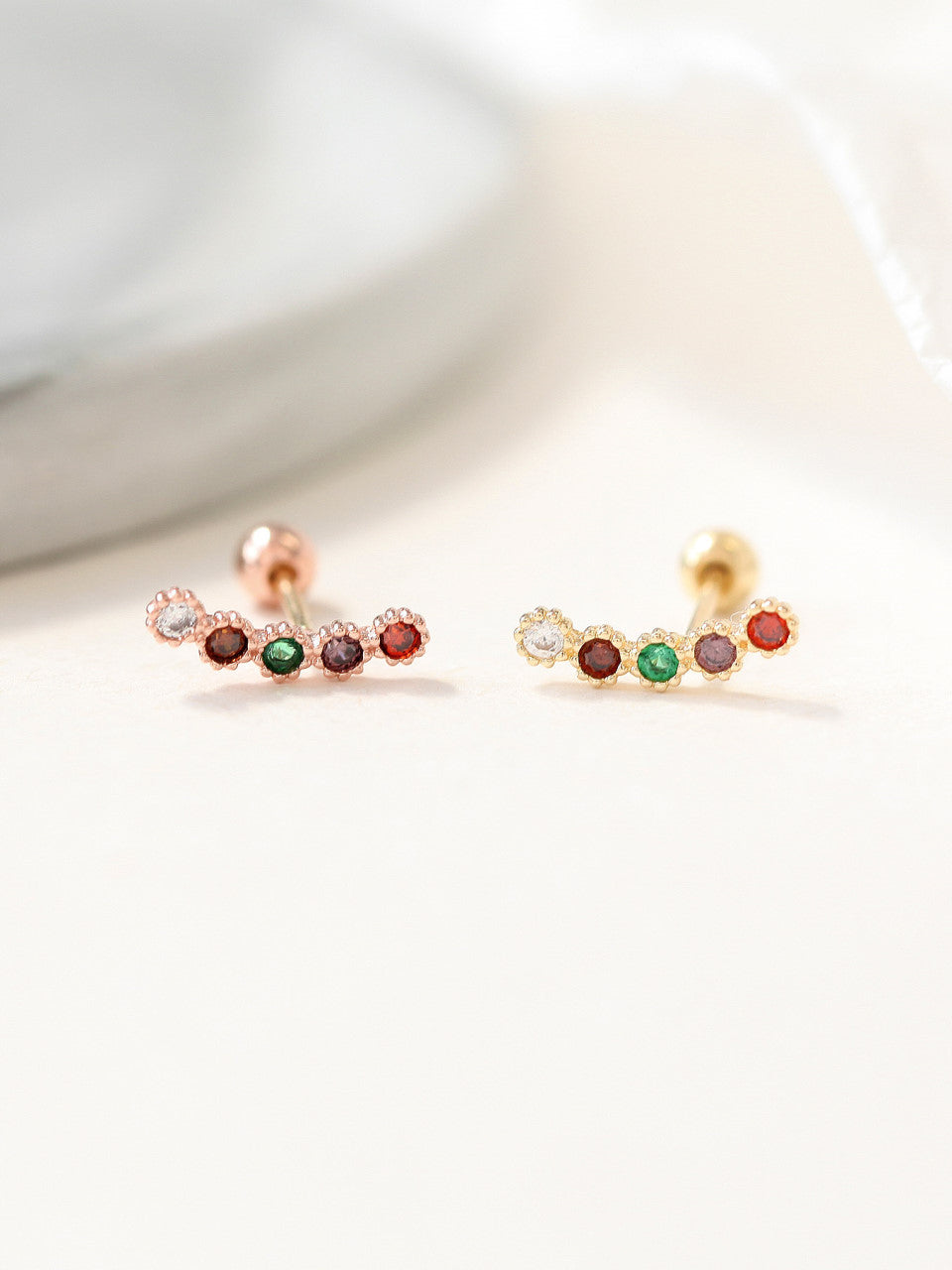 14K Rainbow CZ Bar Cartilage Earring 20g