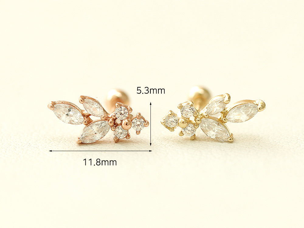 14K gold Bling Cubic Leaf cartilage earring 20g