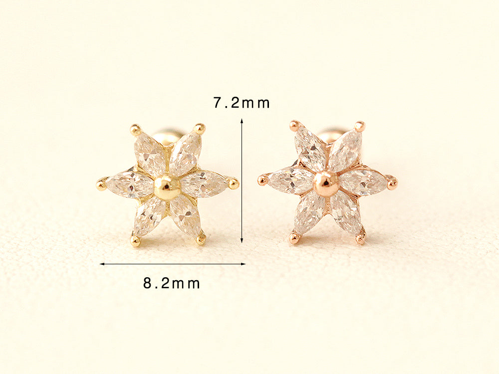 14K Gold Snow Flower Cubic Cartilage Earring 20G