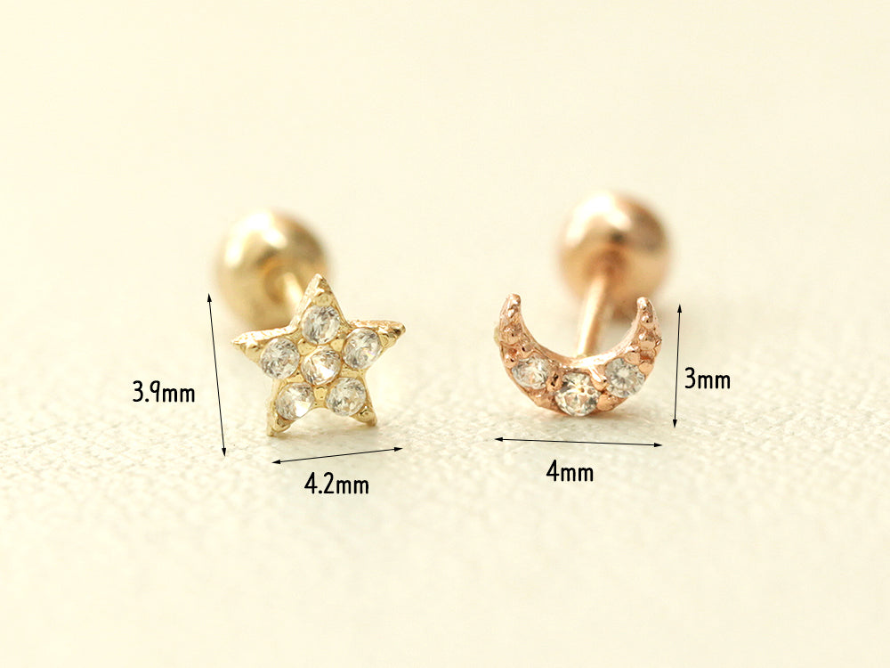 14K gold Minimi Cubic Star & Moon cartilage earring 20g