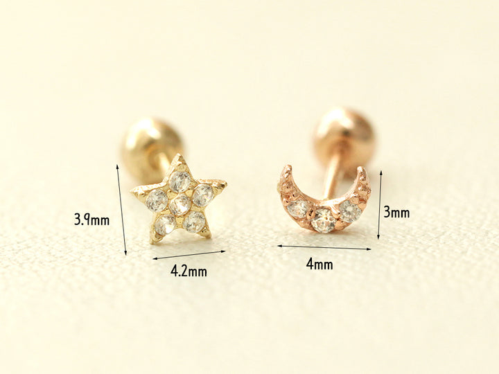 14K gold Minimi Cubic Star & Moon cartilage earring 20g