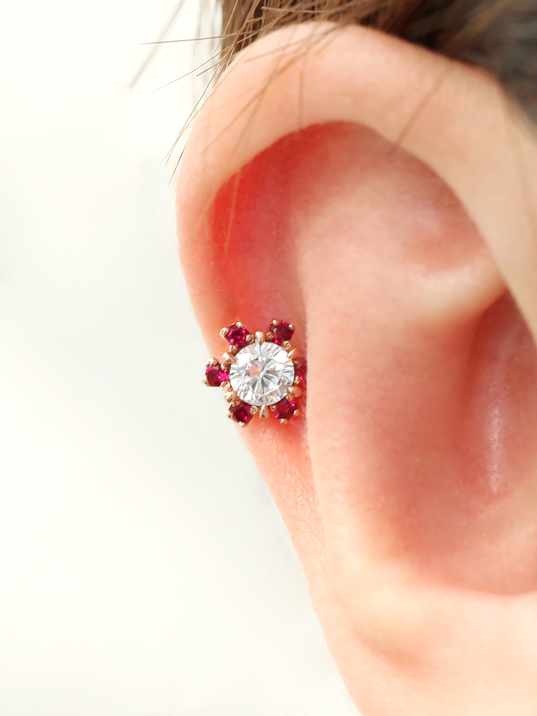 14K Gold Ruby Daisy Flower Cartilage Earring 18G16G