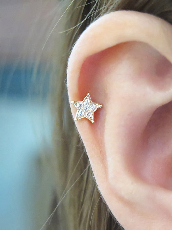 14K Gold Blue Star Cartilage Earring 18G16G