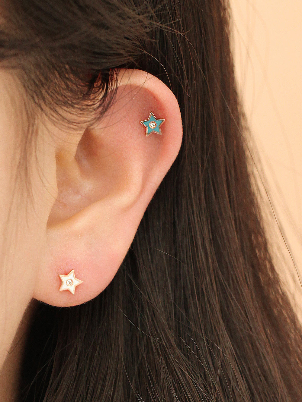 14K Gold Enamel Cubic Star Cartilage Earring 18G16G