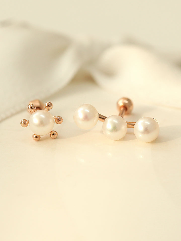 14K Gold Triple Flower Pearl Cartilage Earring 18G16G