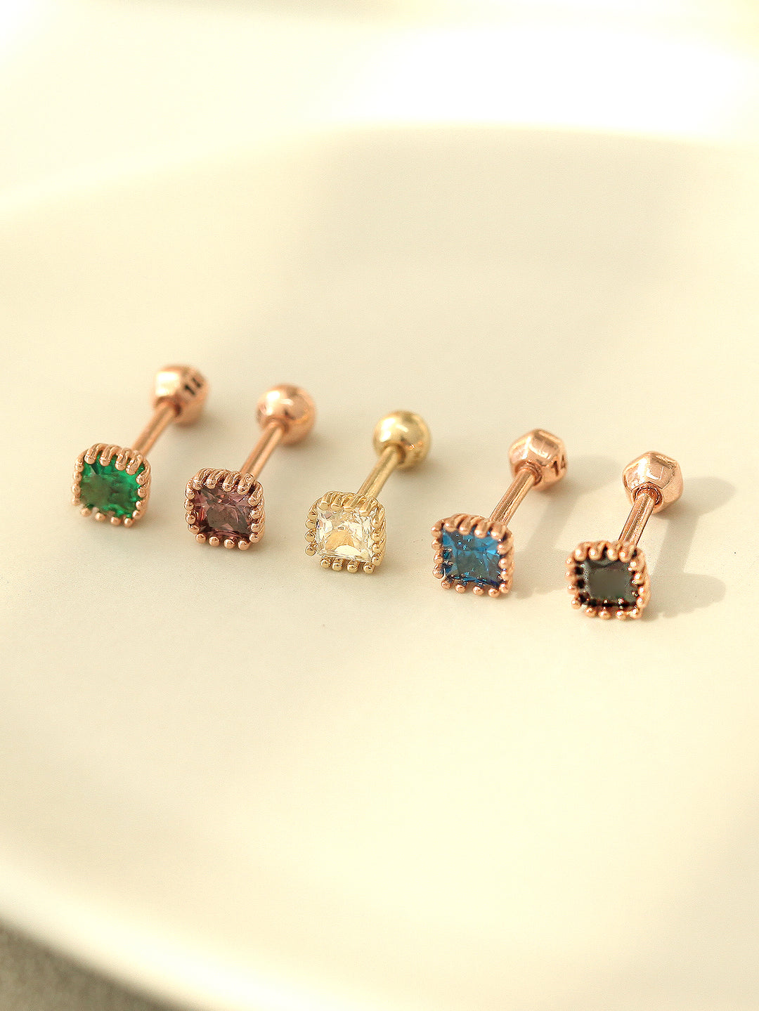 14K Gold Colorful Cubic Square Cartilage Earring 18G16G