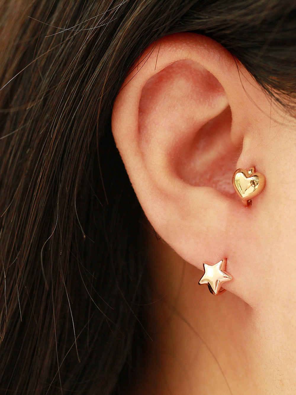 14K Gold Volume Heart Star Hoop Earring