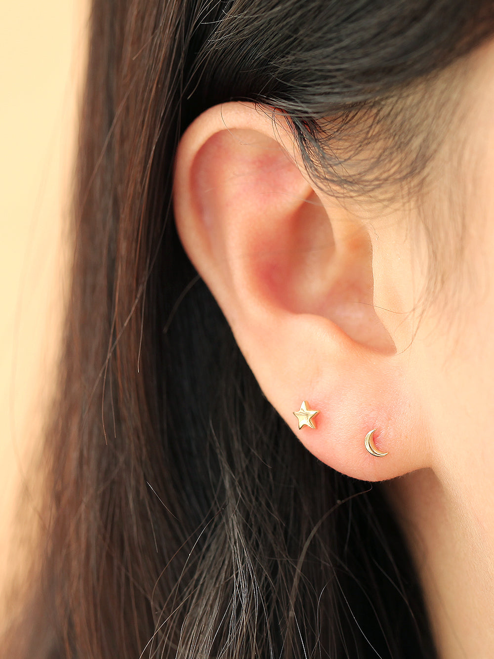 14K Gold Mini Heart,Star,Crescent Stud Earring