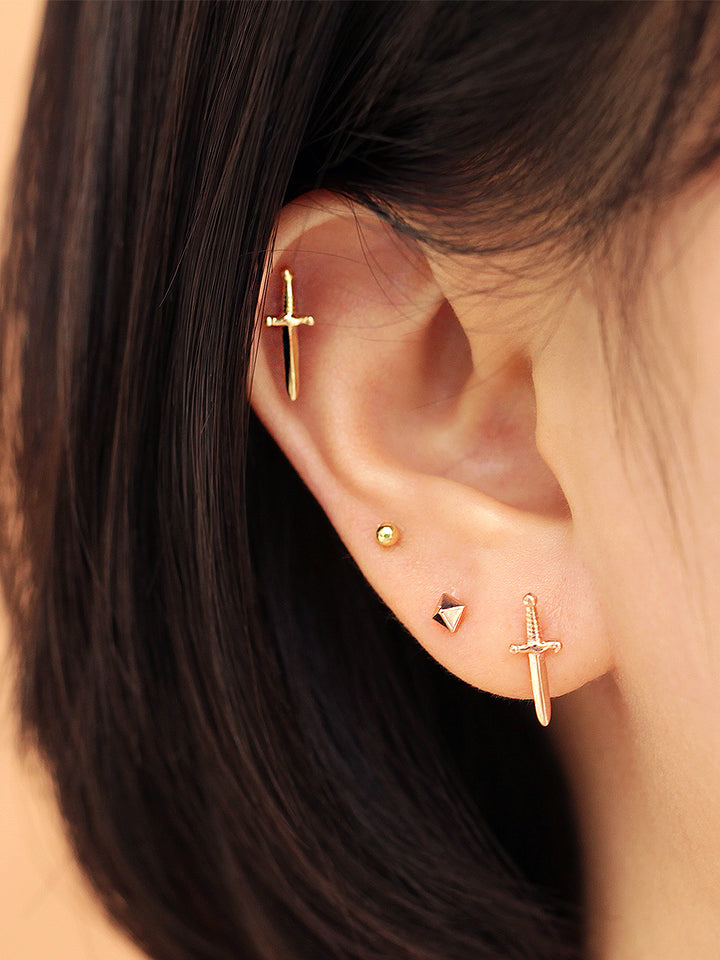 14K Gold Excalibur Knife Stud Earring