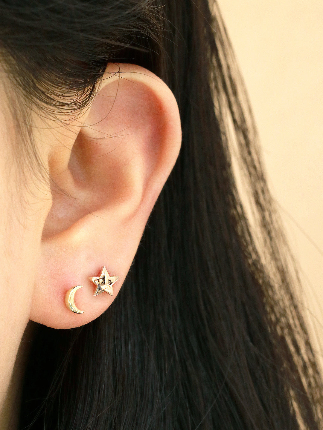 14K Gold Voluminous Crescent, Star, Heart Stud Earring