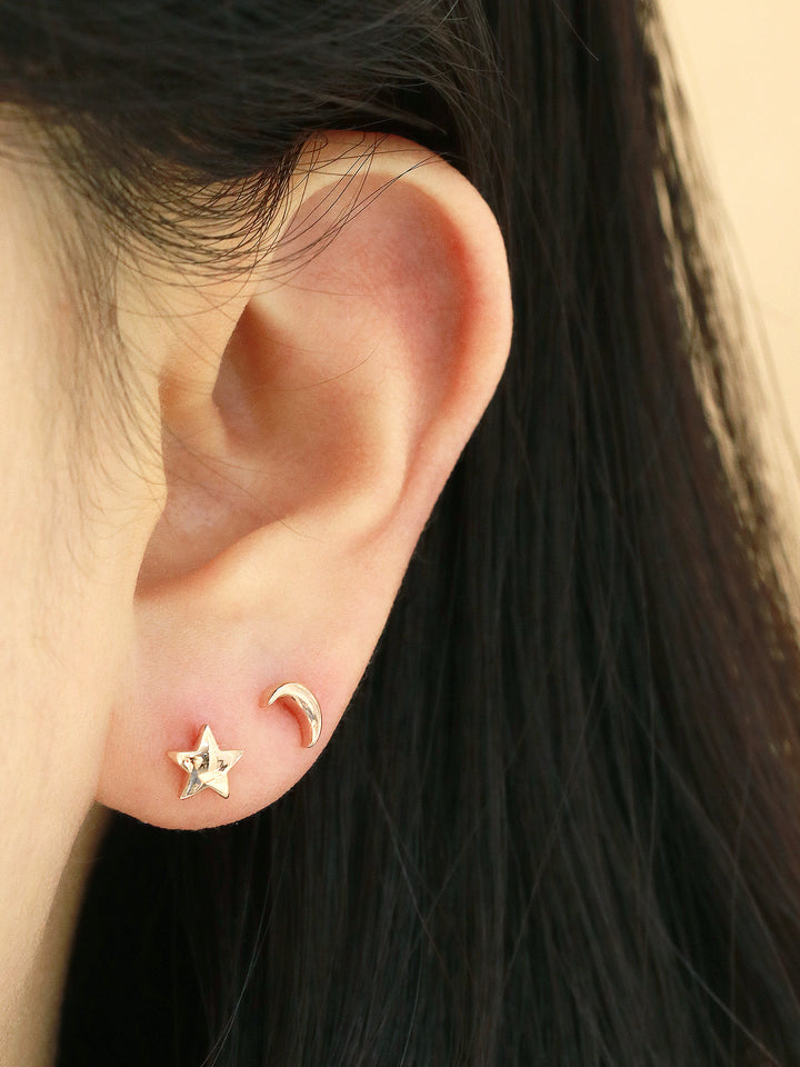 14K Gold Voluminous Crescent, Star, Heart Stud Earring