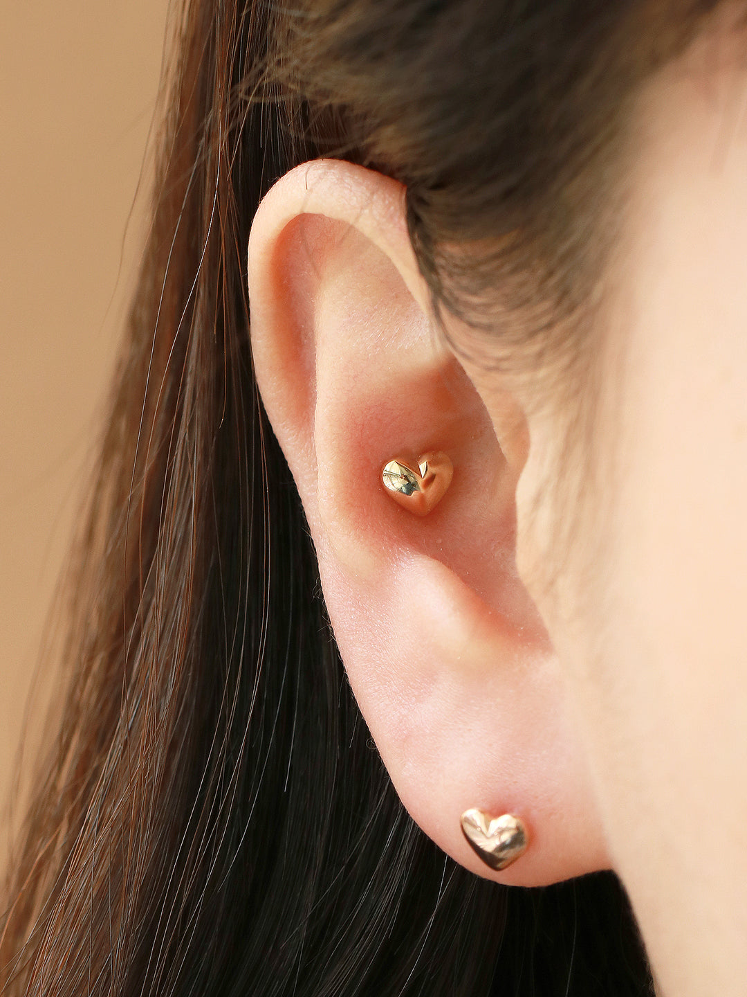 14K Gold Voluminous Crescent, Star, Heart Stud Earring