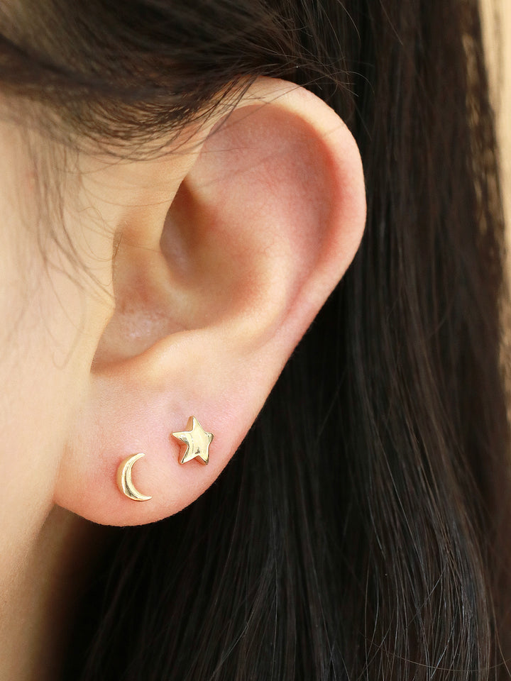 14K Gold Voluminous Crescent, Star, Heart Stud Earring