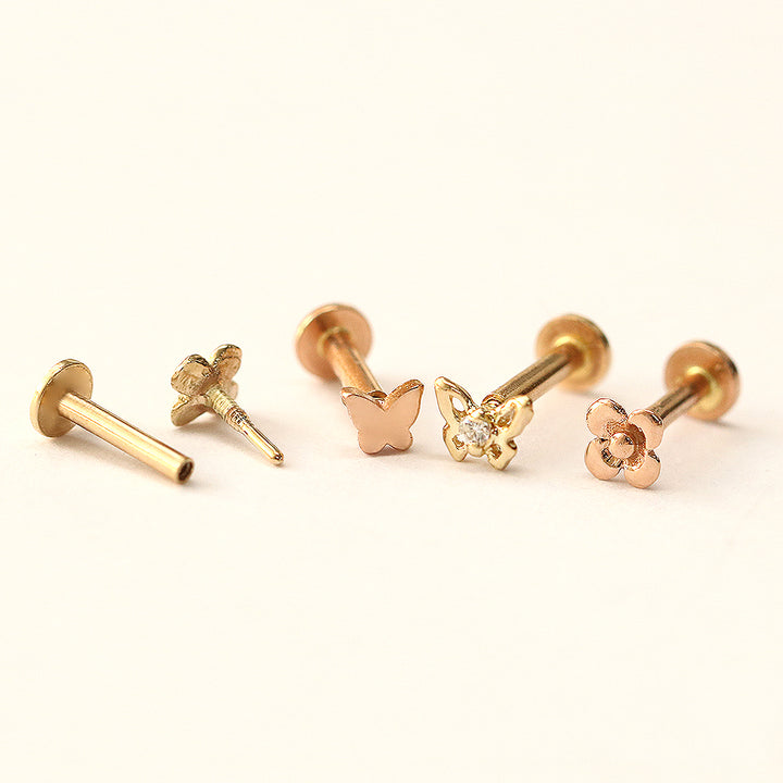 14K Gold Mini Butterfly & Flower Internally Threaded Labret Piercing 18G16G