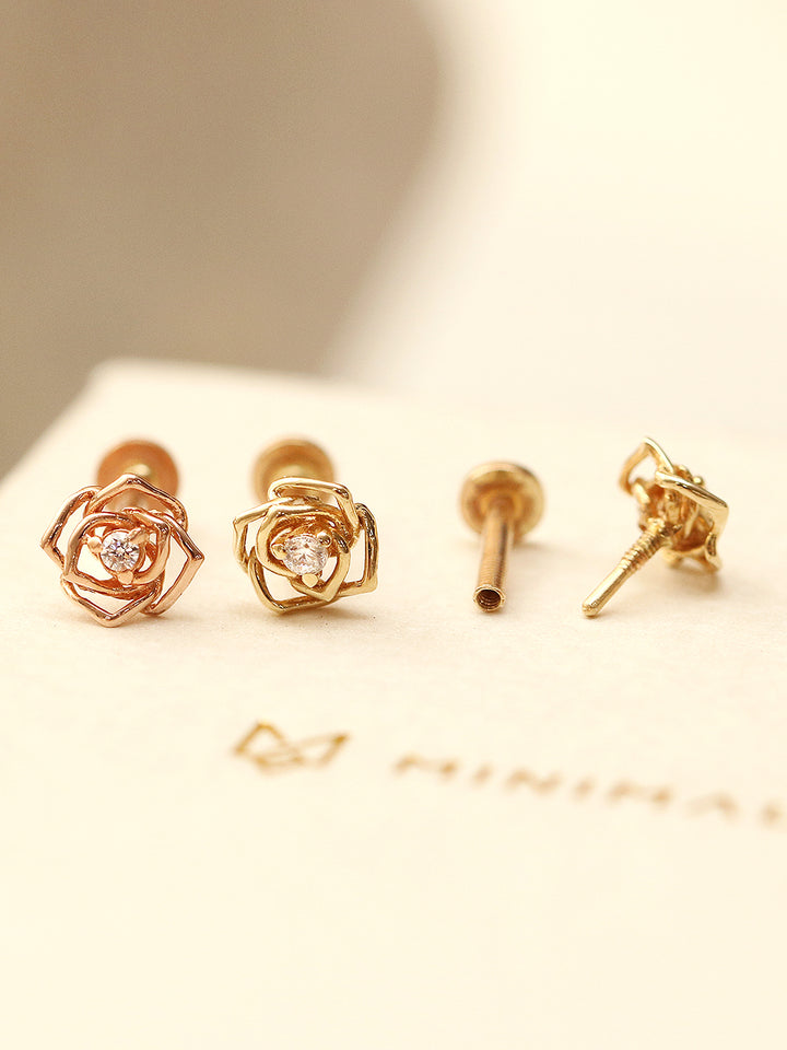 14K Gold Mini Cubic Rose Internally Threaded Labret Piercing 18G16G