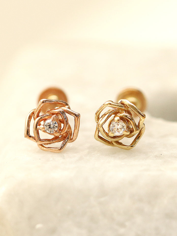 14K Gold Mini Cubic Rose Internally Threaded Labret Piercing 18G16G