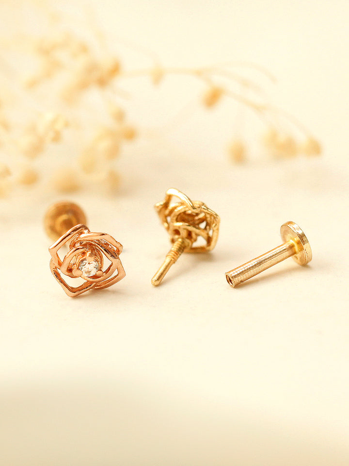 14K Gold Mini Cubic Rose Internally Threaded Labret Piercing 18G16G