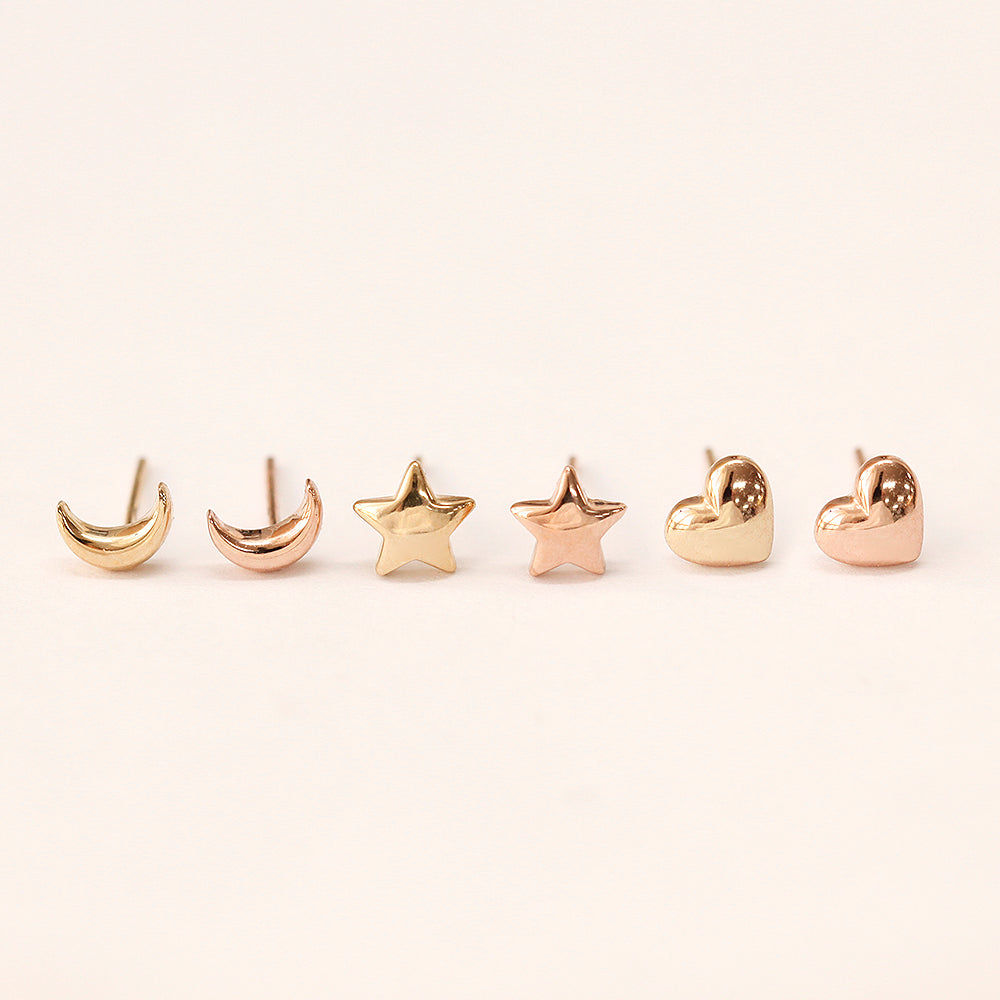 14K Gold Voluminous Crescent, Star, Heart Stud Earring