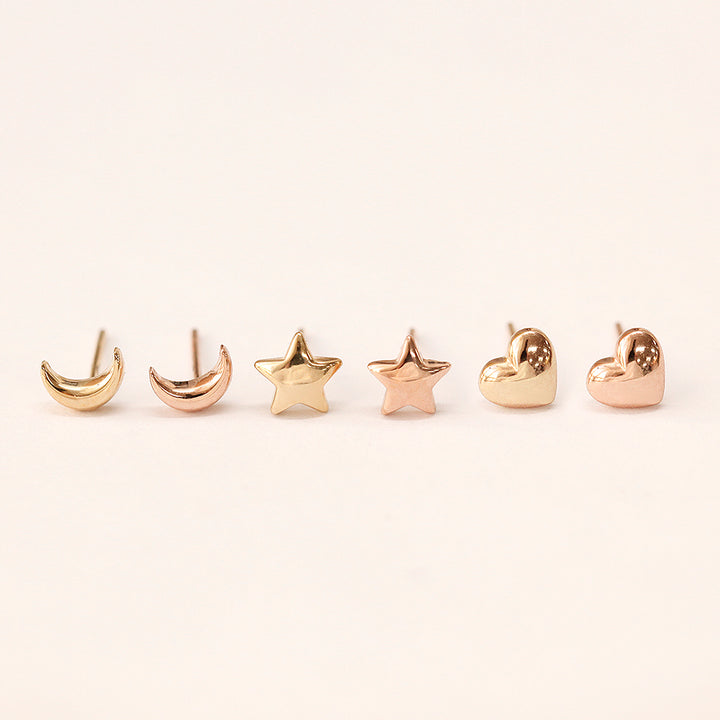 14K Gold Voluminous Crescent, Star, Heart Stud Earring