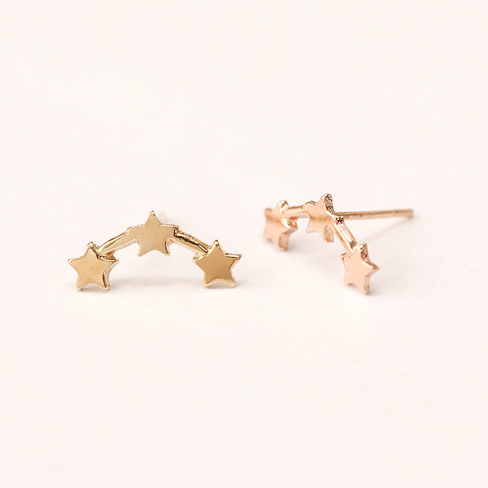 14K Gold Triple Curved Stars Stud Earring