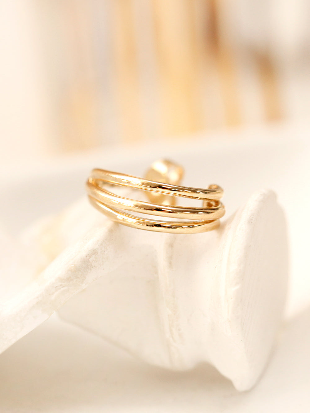 14K Gold Three lines Bold Half Ring Earring