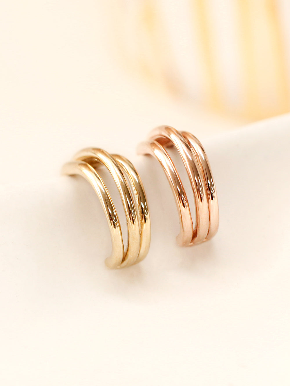 14K Gold Three lines Bold Half Ring Earring