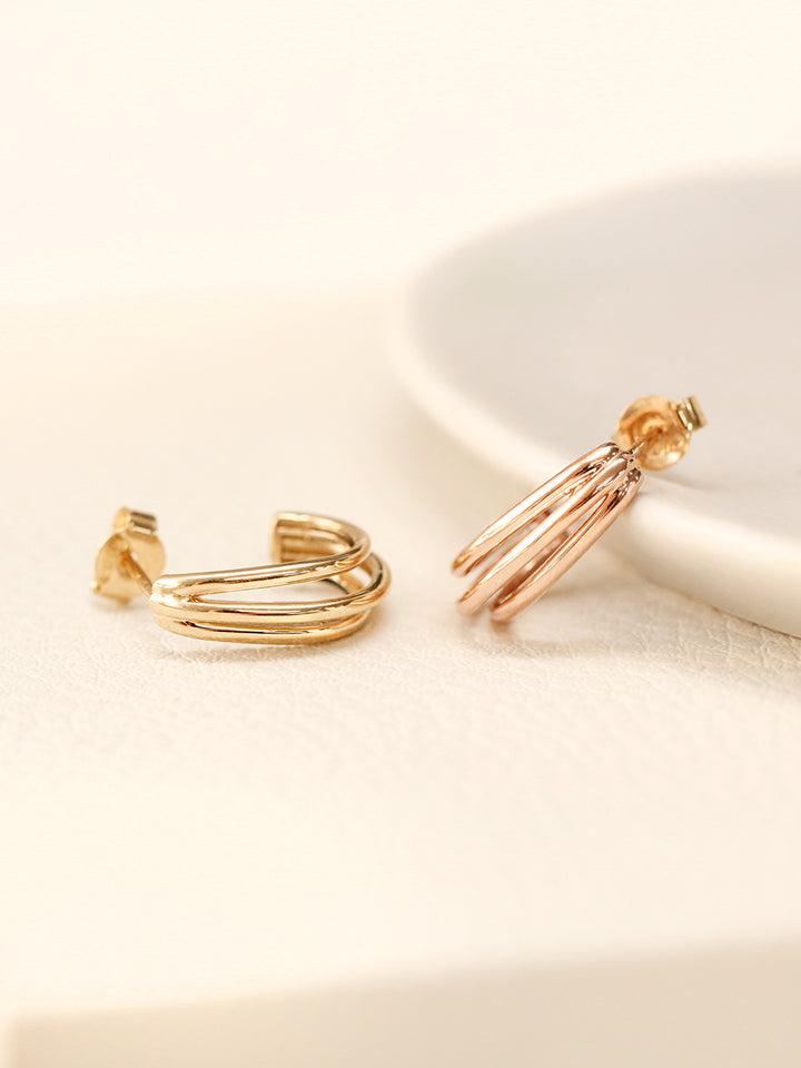 14K Gold Three lines Bold Half Ring Earring