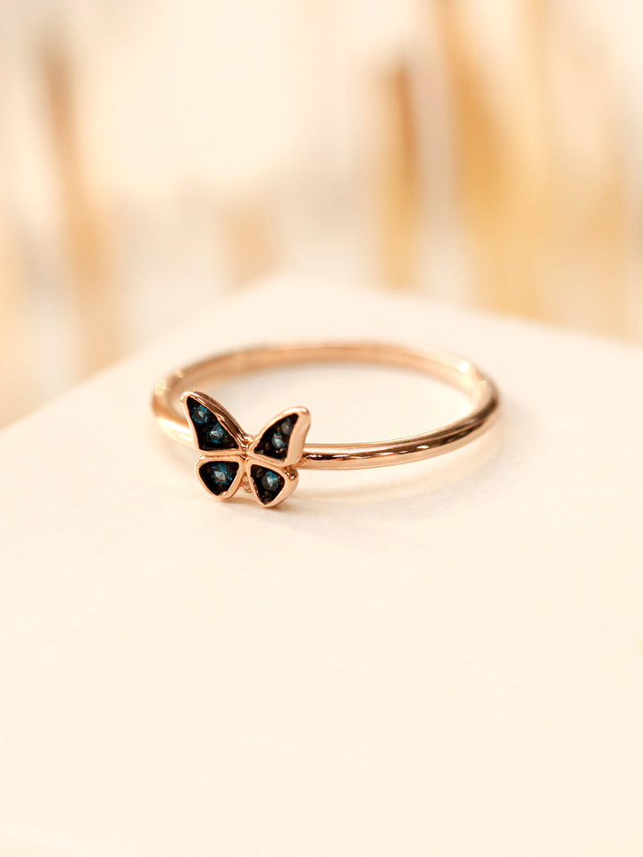 14K Gold Bling Blue Diamond Butterfly Ring