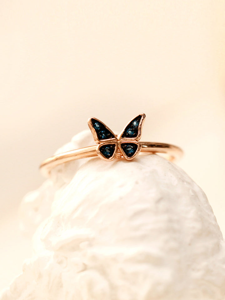 14K Gold Bling Blue Diamond Butterfly Ring