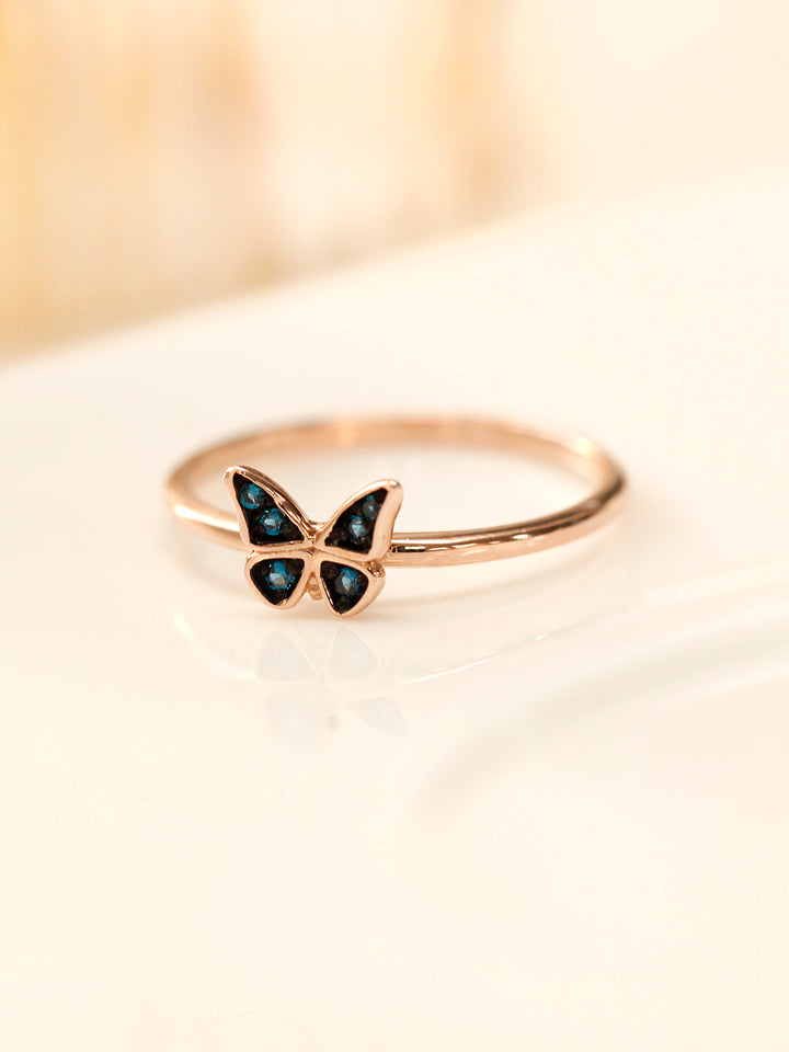 14K Gold Bling Blue Diamond Butterfly Ring