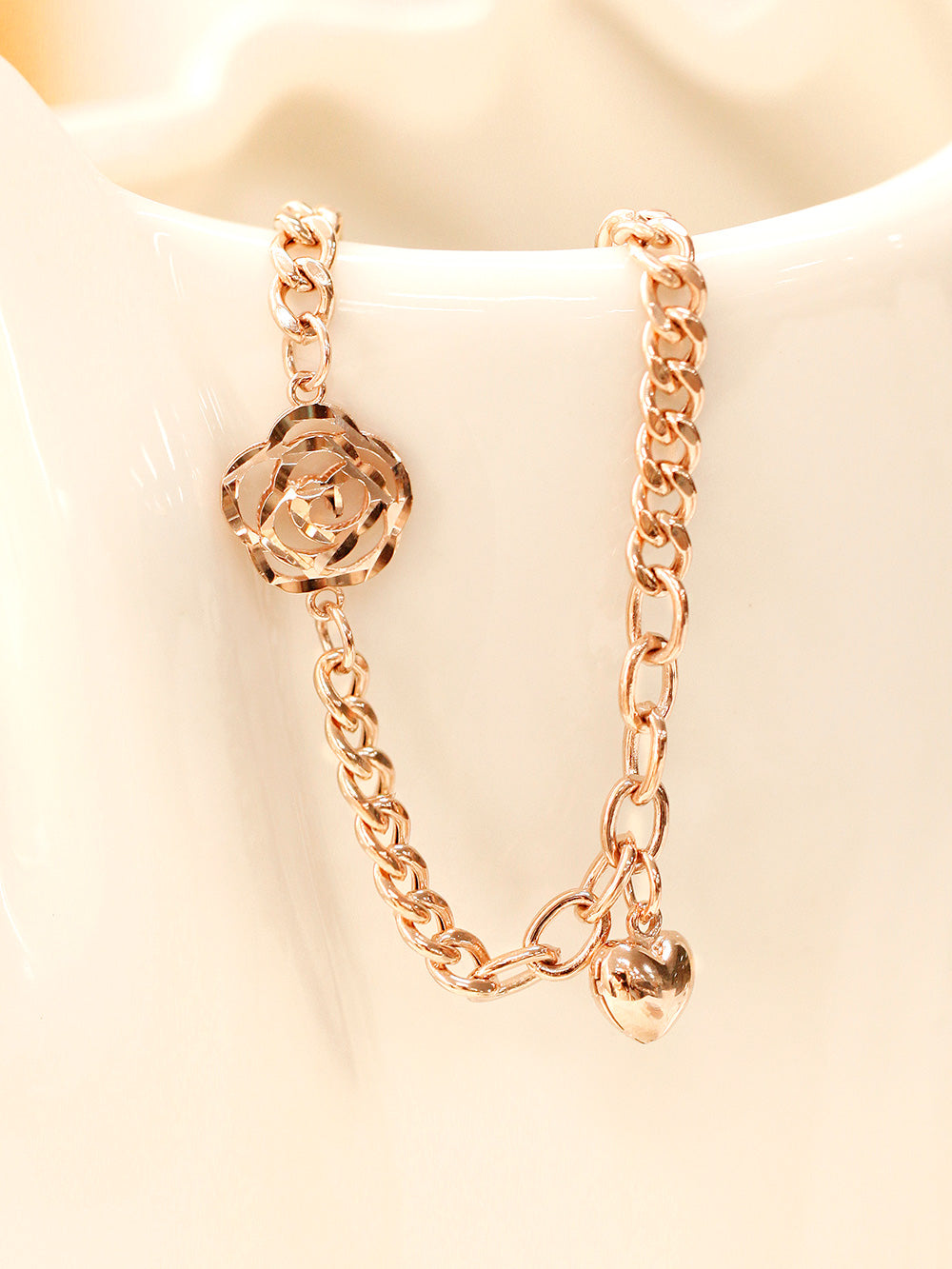 14K Gold Rose Heart Chain Bracelet