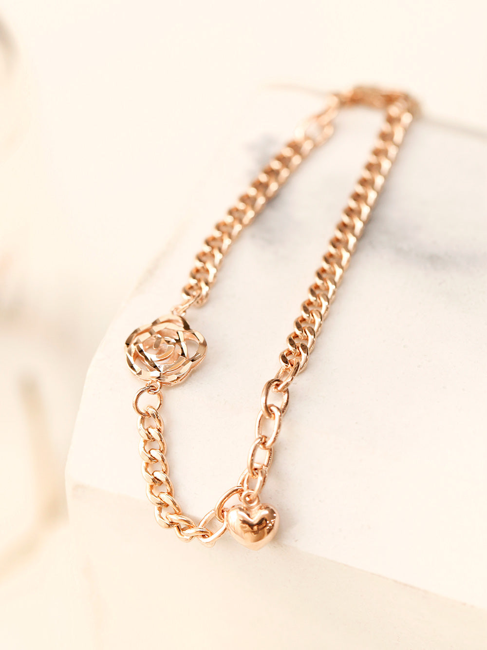 14K Gold Rose Heart Chain Bracelet