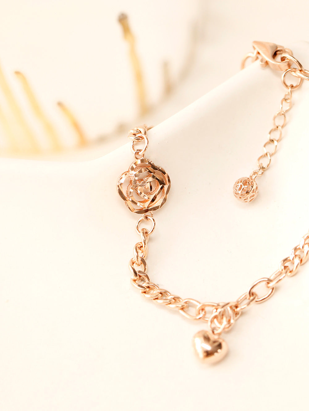 14K Gold Rose Heart Chain Bracelet