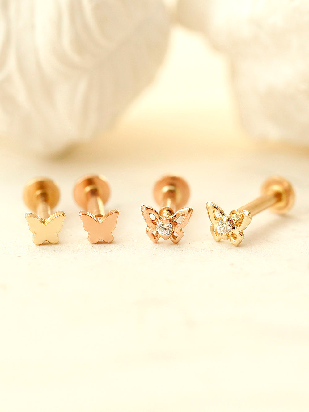 14K Gold Mini Butterfly & Flower Internally Threaded Labret Piercing 18G16G