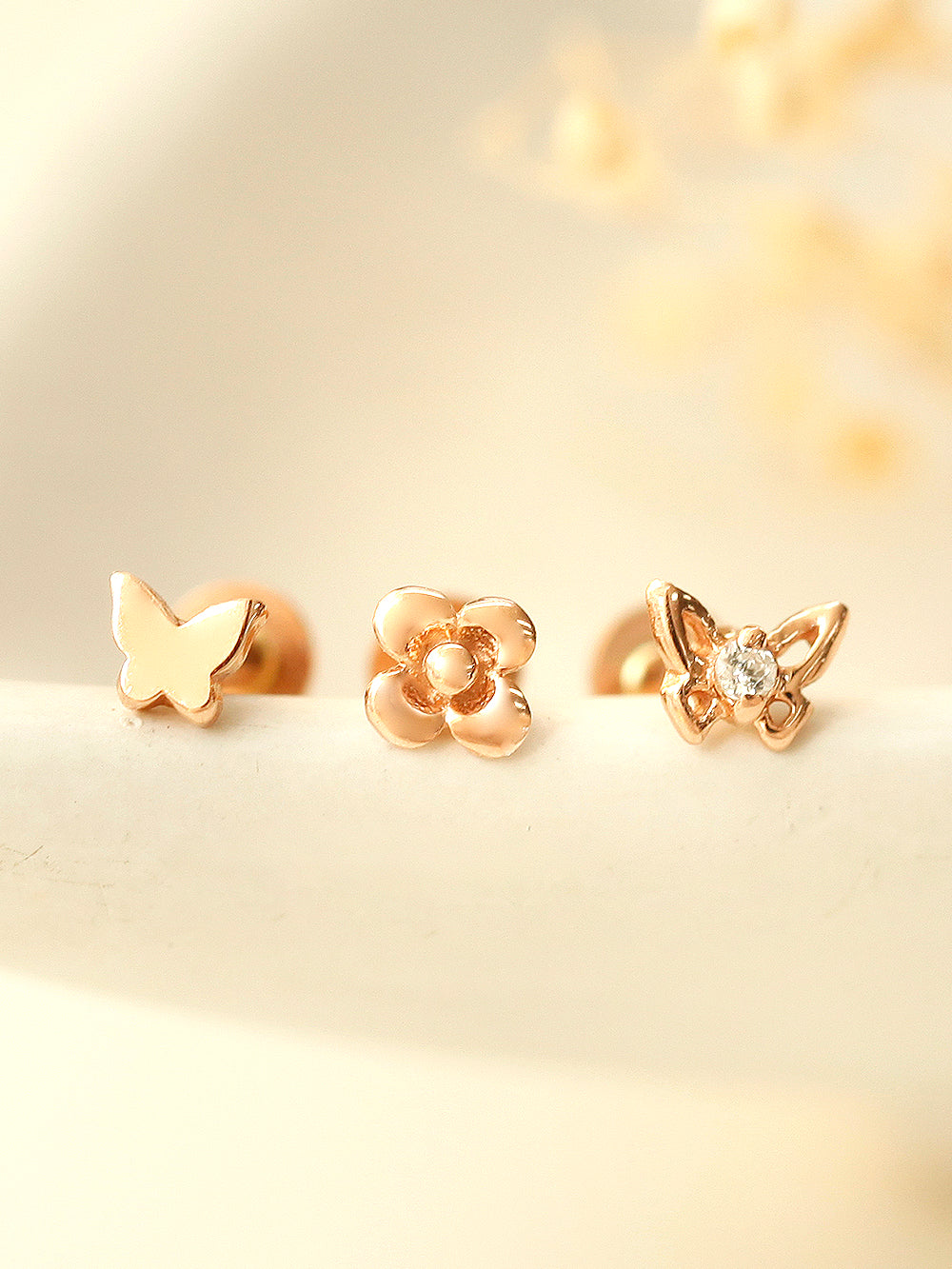 14K Gold Mini Butterfly & Flower Internally Threaded Labret Piercing 18G16G