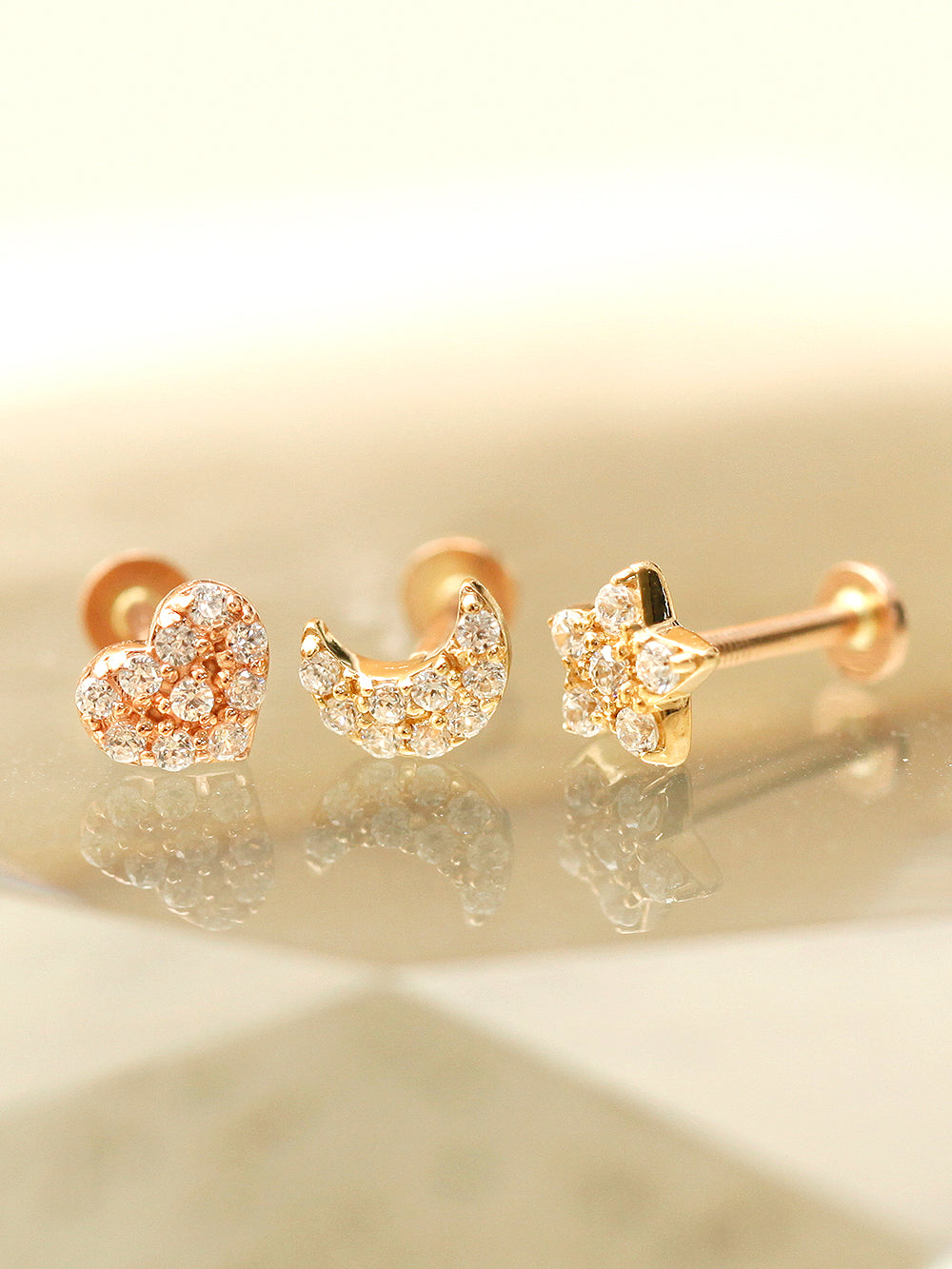 14K Gold CZ Volume Moon, Star, Heart Internally Threaded Labret Piercing 18G16G